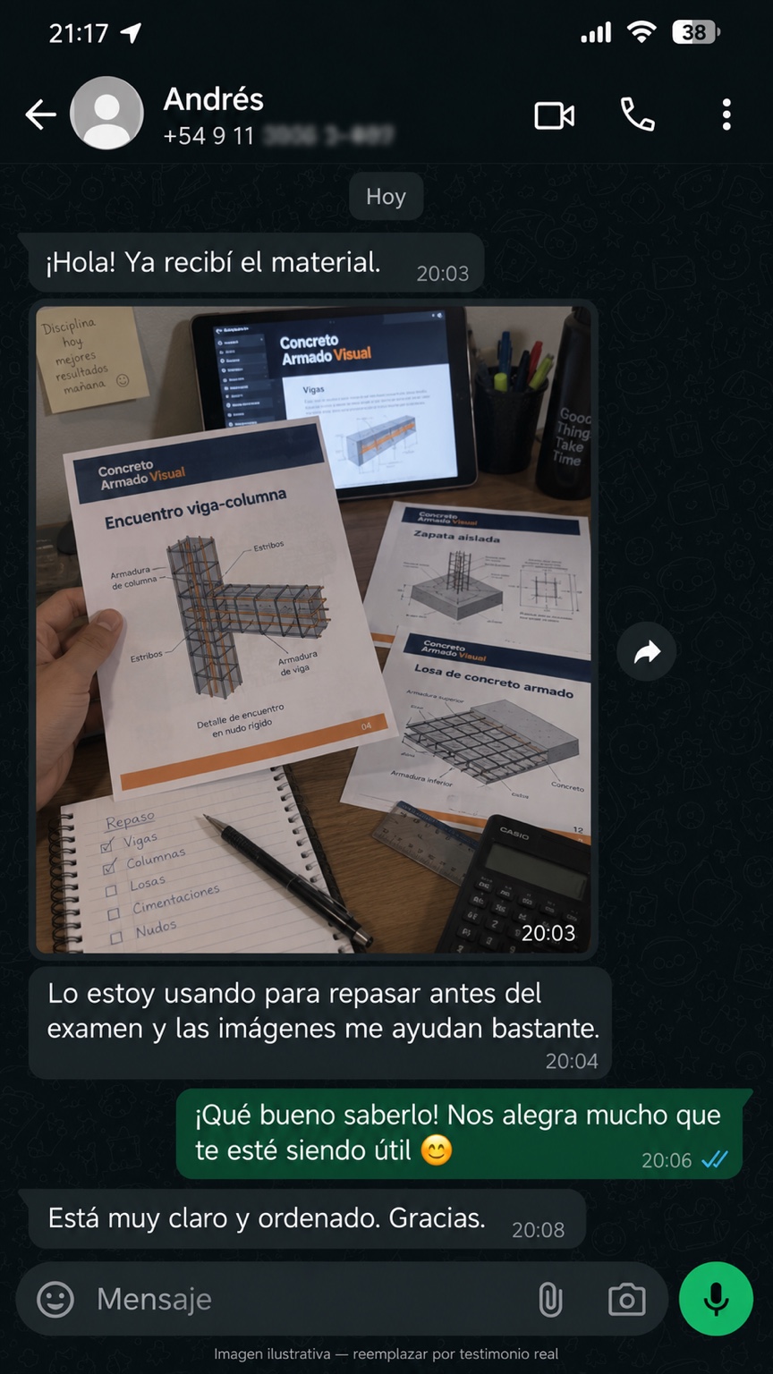 Conversación ilustrativa sobre el uso de Concreto Armado Visual para repasar antes de un examen