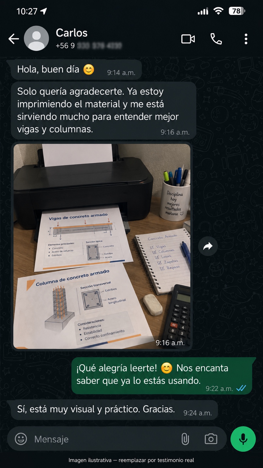 Conversación ilustrativa sobre la impresión de páginas de Concreto Armado Visual